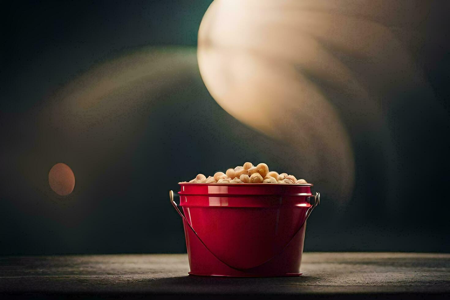 en röd hink fylld med popcorn på en tabell. ai-genererad foto