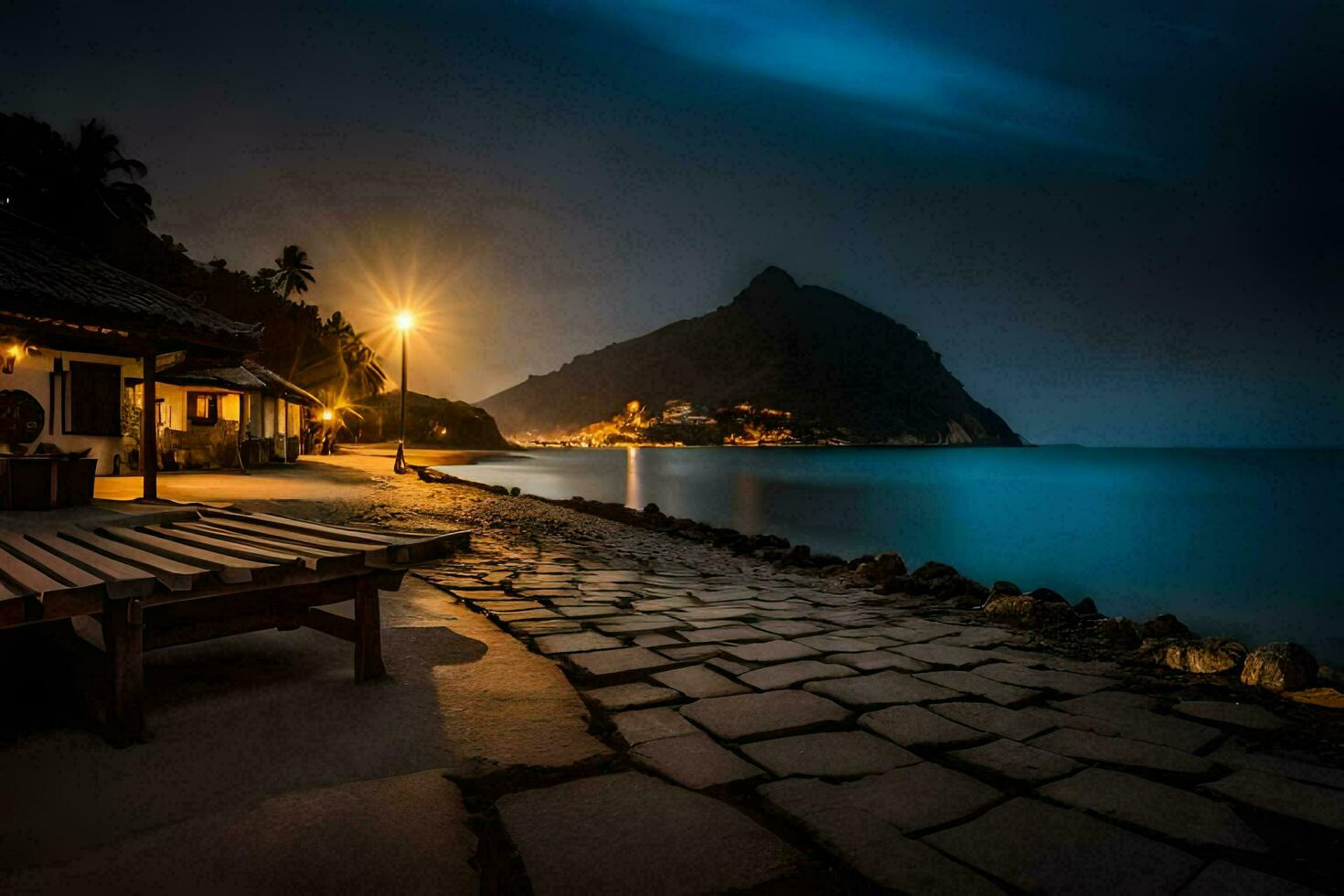 en väg ledande till en strand på natt. ai-genererad foto