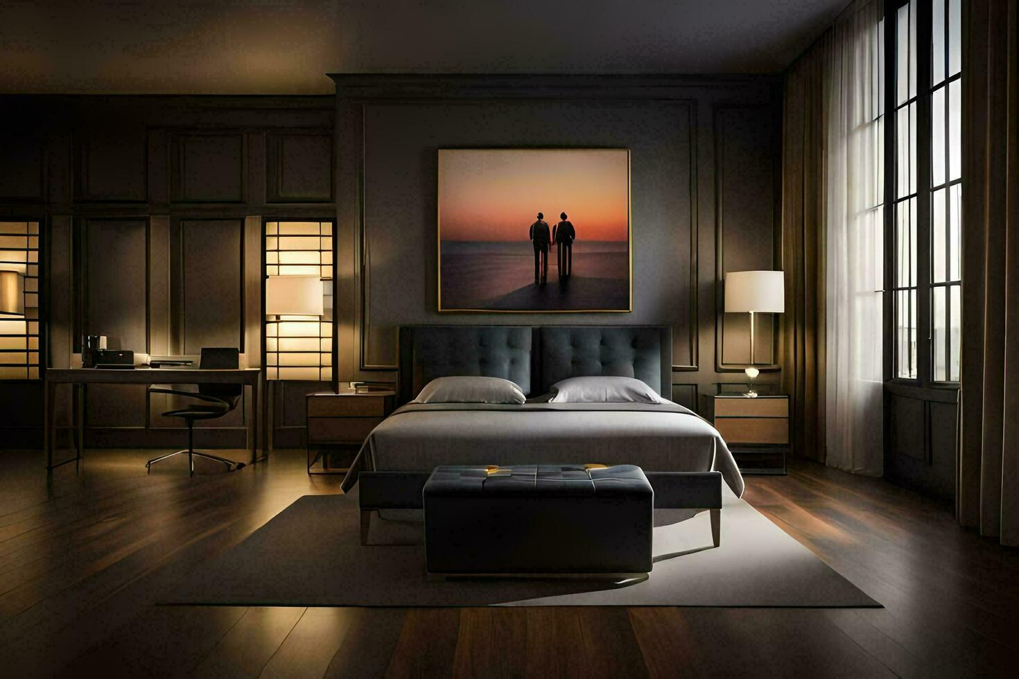 en sovrum med mörk trä golv och en stor målning. ai-genererad foto