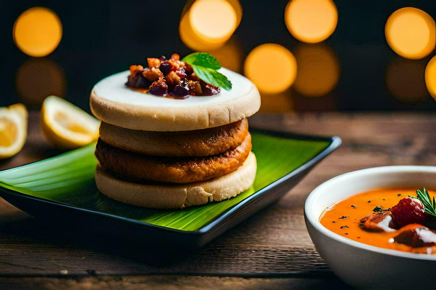 en tallrik med en stack av pannkakor och soppa. ai-genererad foto