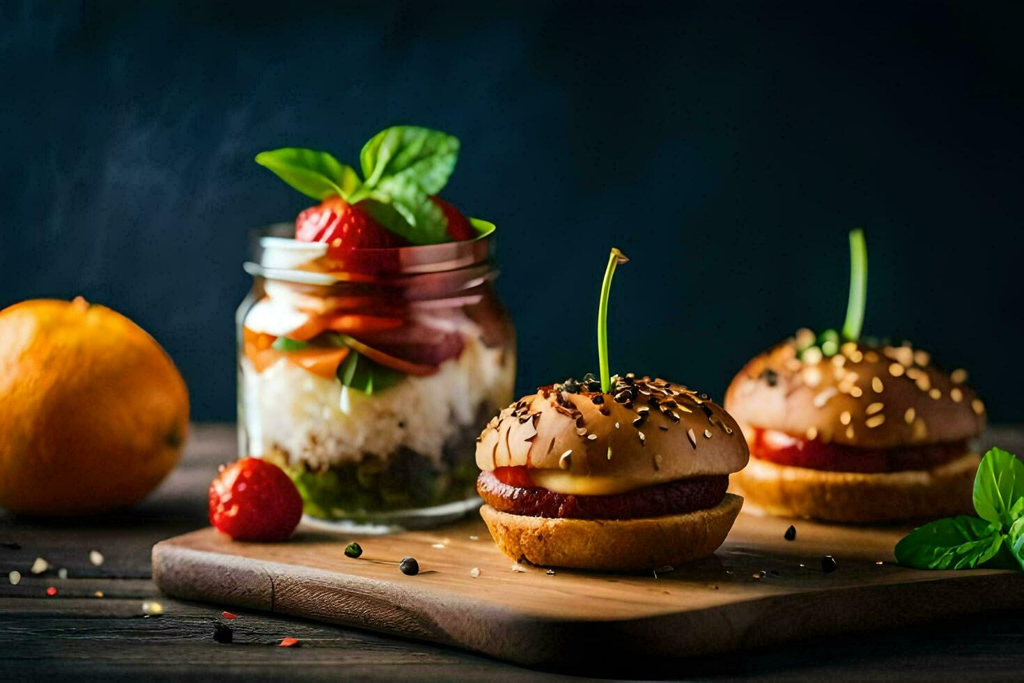 små smörgåsar med jordgubbar och mynta på en trä- skärande styrelse. ai-genererad foto