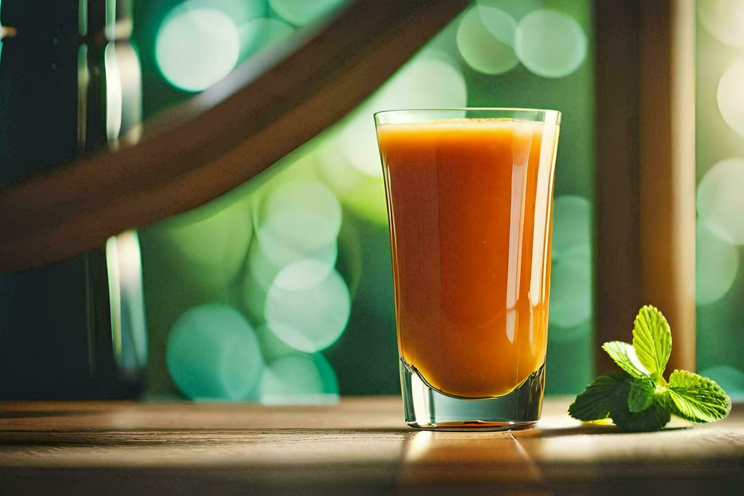 en glas av orange juice med mynta löv på en tabell. ai-genererad foto