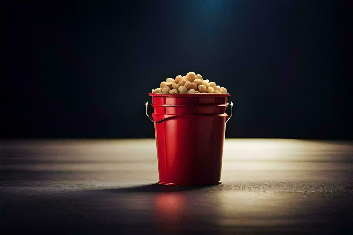 en röd hink fylld med popcorn på en mörk tabell. ai-genererad foto