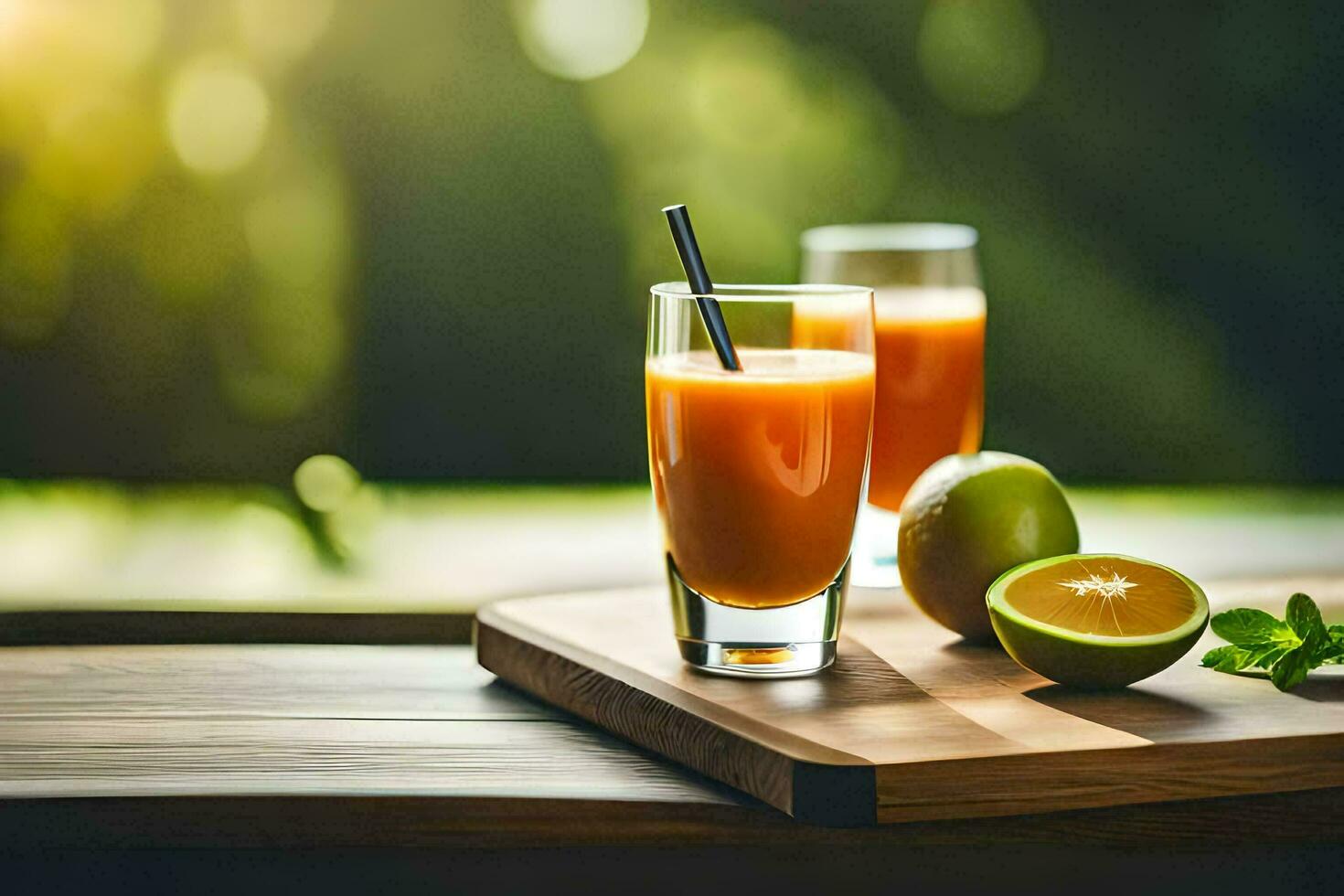 två glasögon av orange juice på en trä- tabell. ai-genererad foto