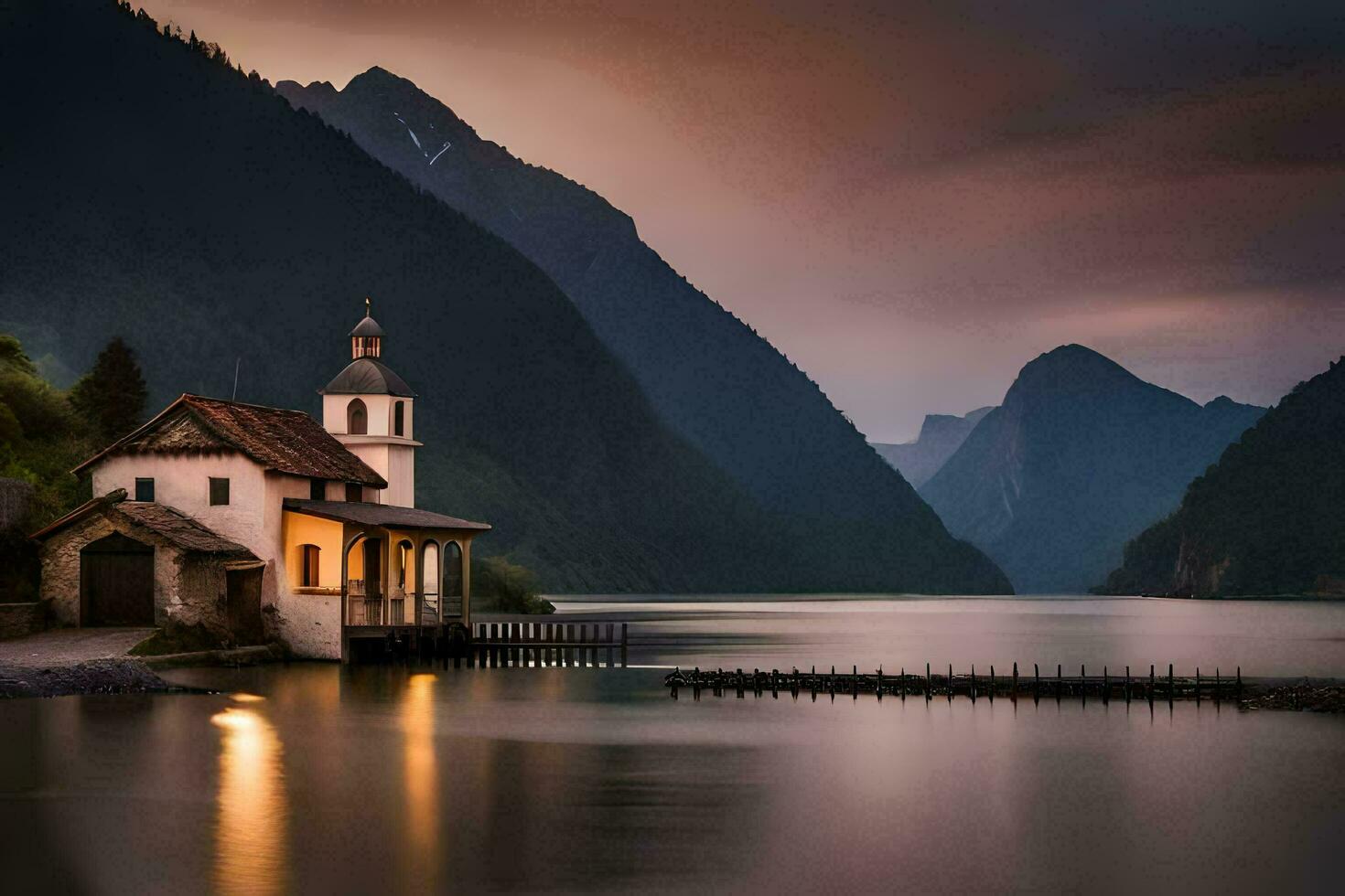 Foto tapet de himmel, berg, sjö, kyrka, de kyrka, de kyrka, de kyrka. ai-genererad