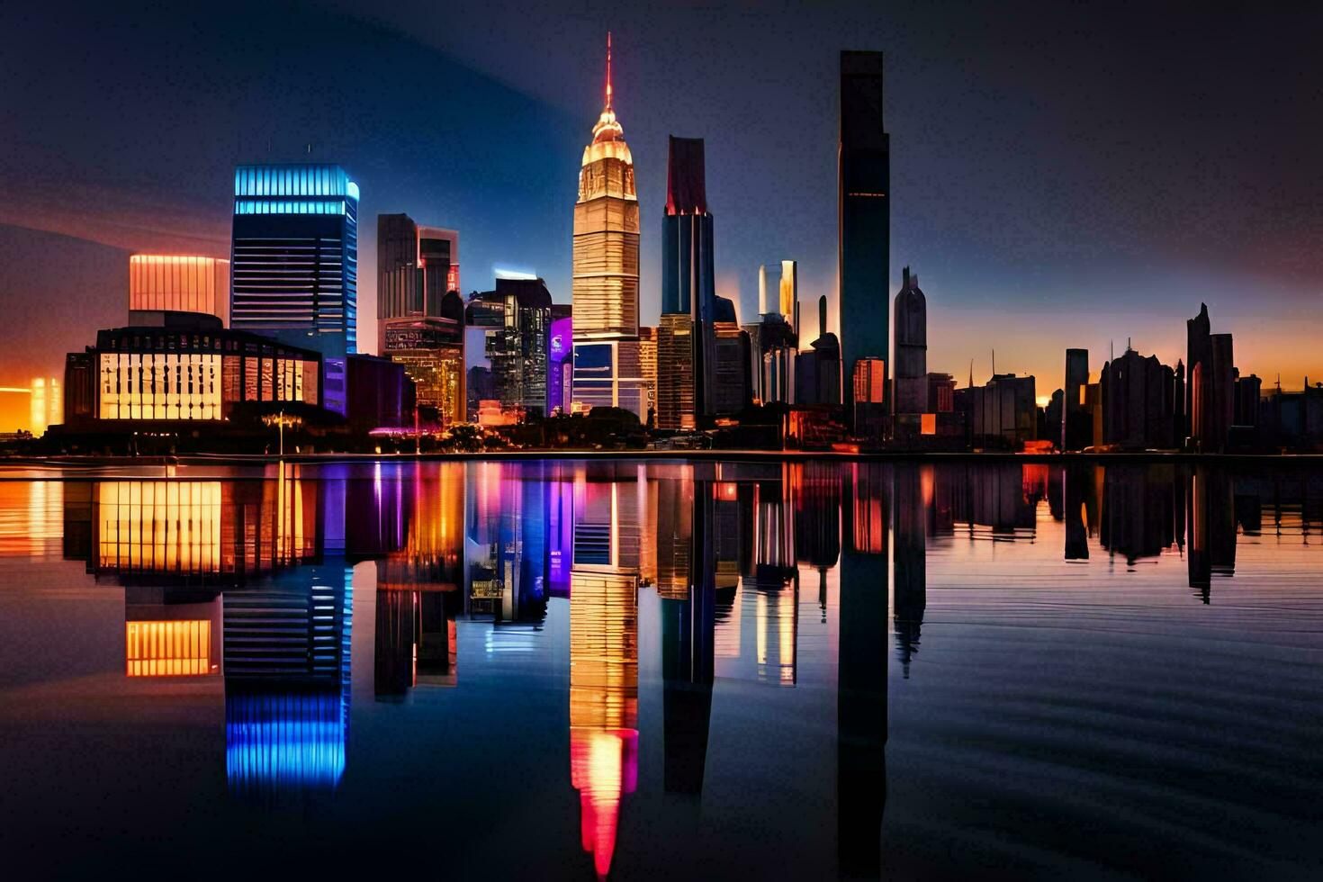 de stad horisont på natt med reflektioner i de vatten. ai-genererad foto
