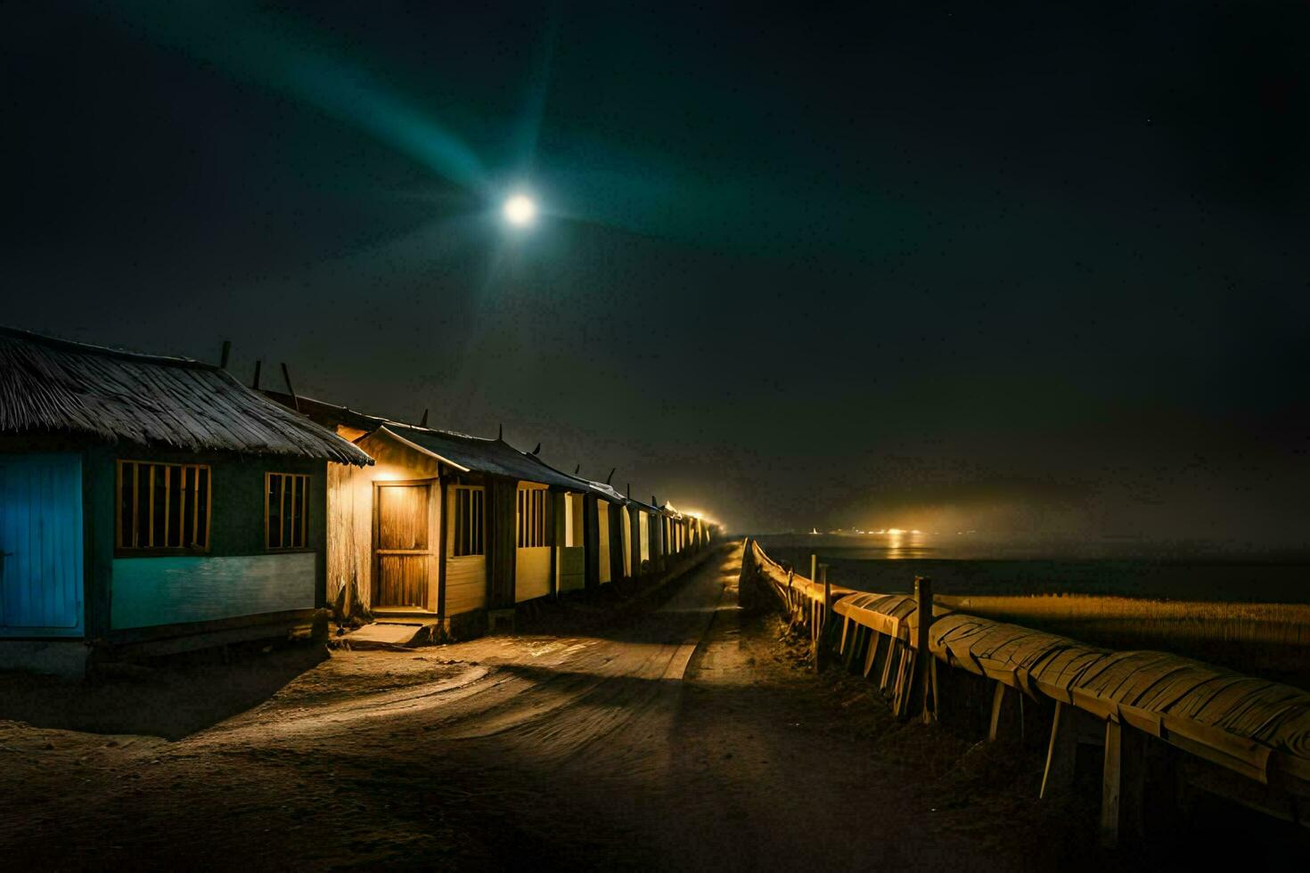 en strand hydda på natt med en full måne. ai-genererad foto