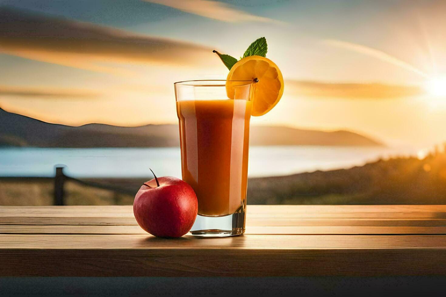 en glas av orange juice med ett äpple på en tabell. ai-genererad foto