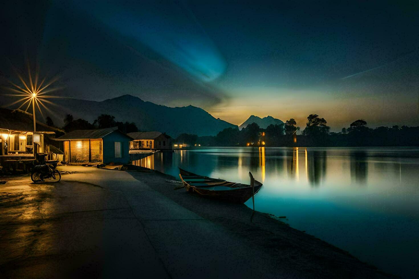 en båt sitter på de Strand av en sjö på natt. ai-genererad foto