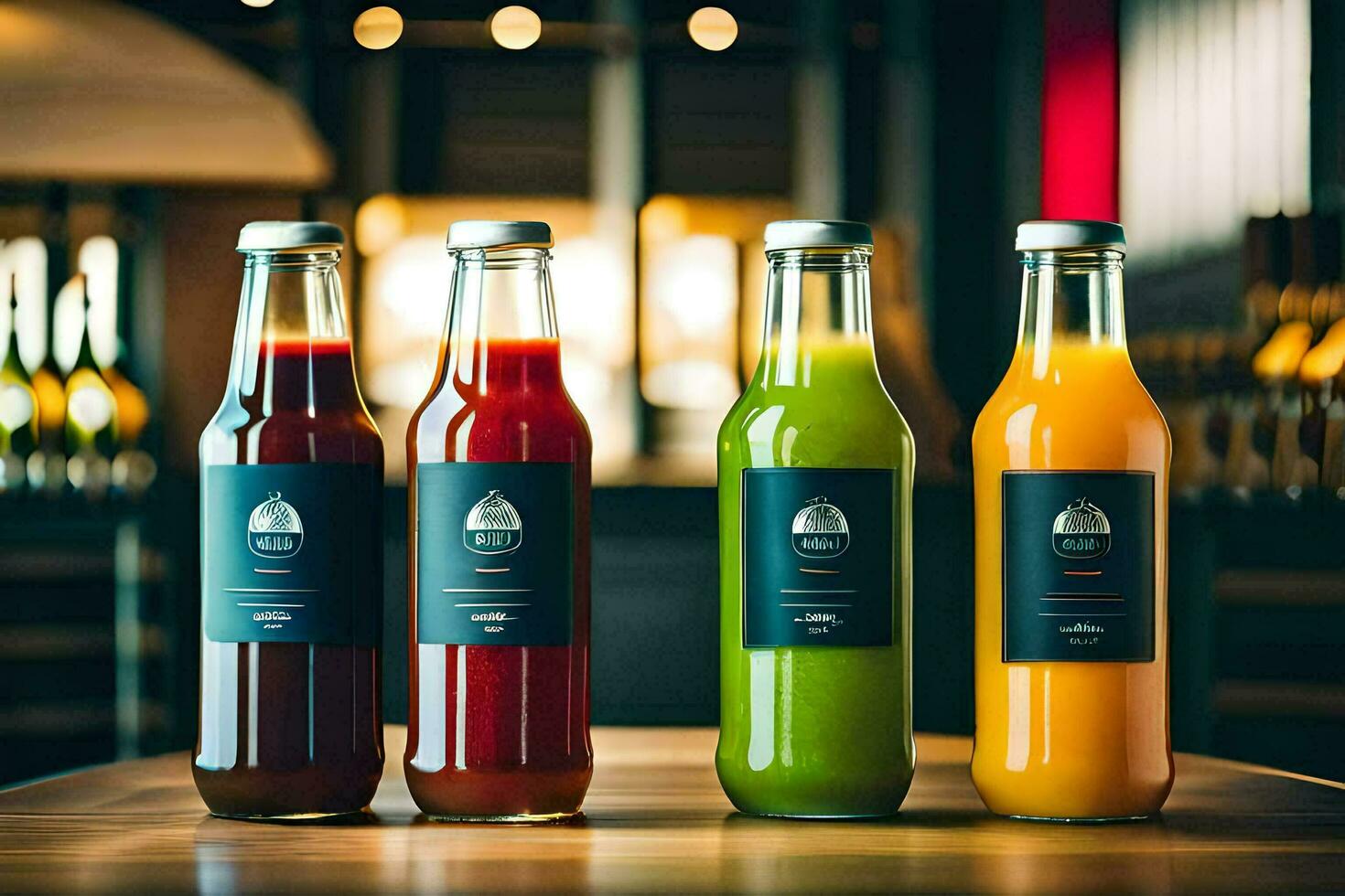 tre flaskor av juice Sammanträde på en tabell. ai-genererad foto