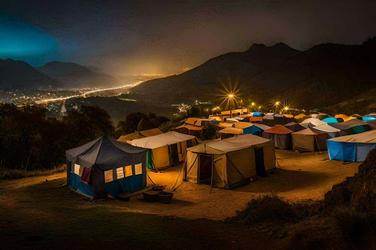 tält är uppsättning upp på en sluttning på natt. ai-genererad foto