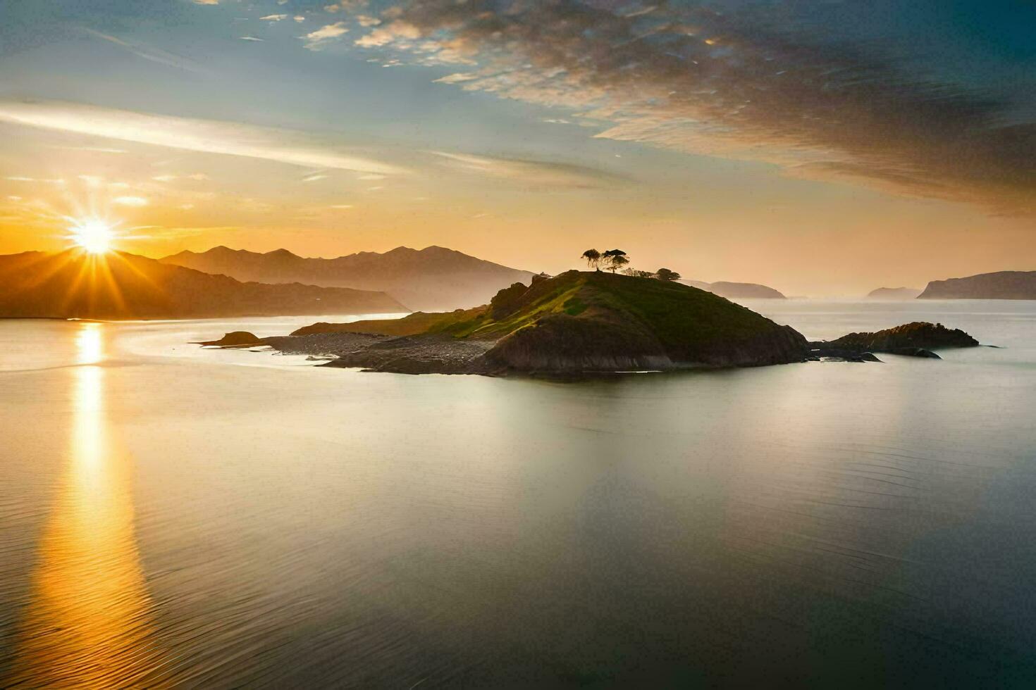 de Sol uppsättningar över ett ö i de mitten av de hav. ai-genererad foto