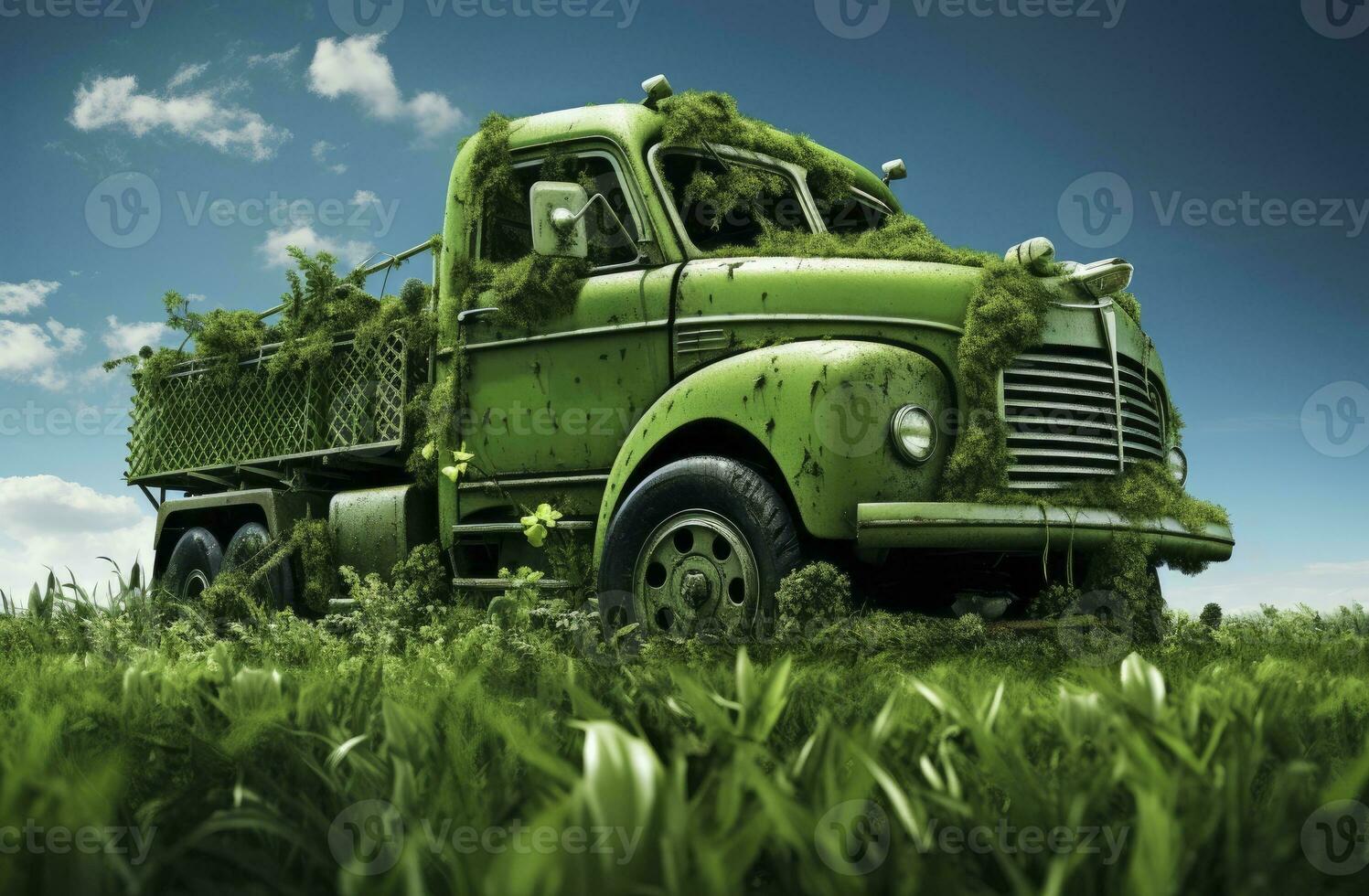 trogen grön lastbil parkerad på gräs under blå himmel. ai genererad foto