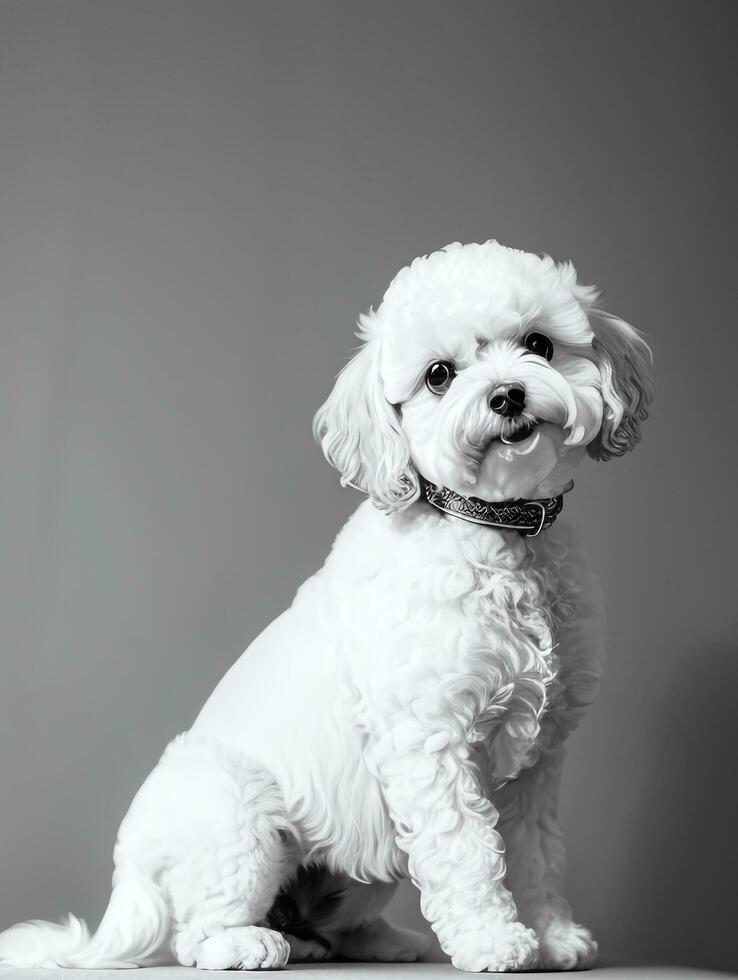 Lycklig hund bichon frysa svart och vit svartvit Foto i studio belysning