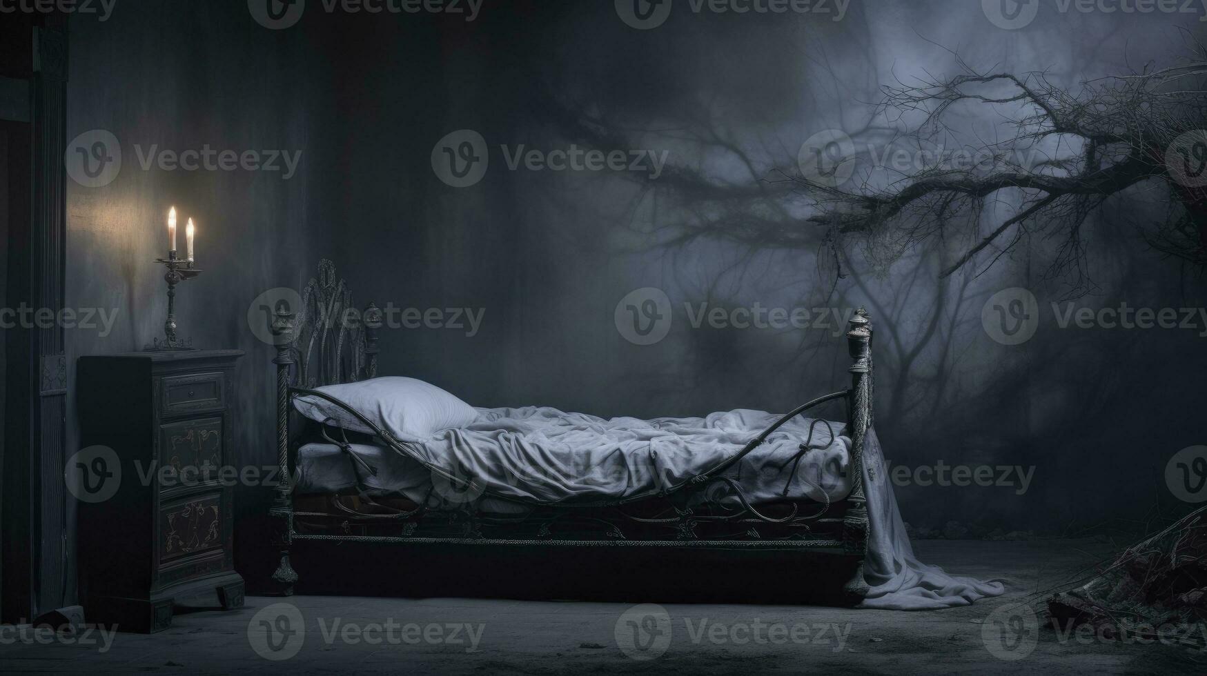 gotik svart och vit sovrum med levande ljus i en kuslig rustik rum. ai genererad foto