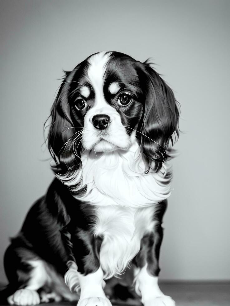 Lycklig stolt kung charles spaniel hund svart och vit svartvit Foto i studio belysning