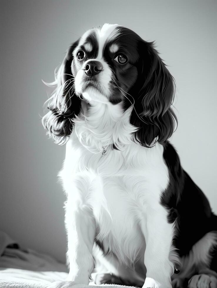 Lycklig stolt kung charles spaniel hund svart och vit svartvit Foto i studio belysning