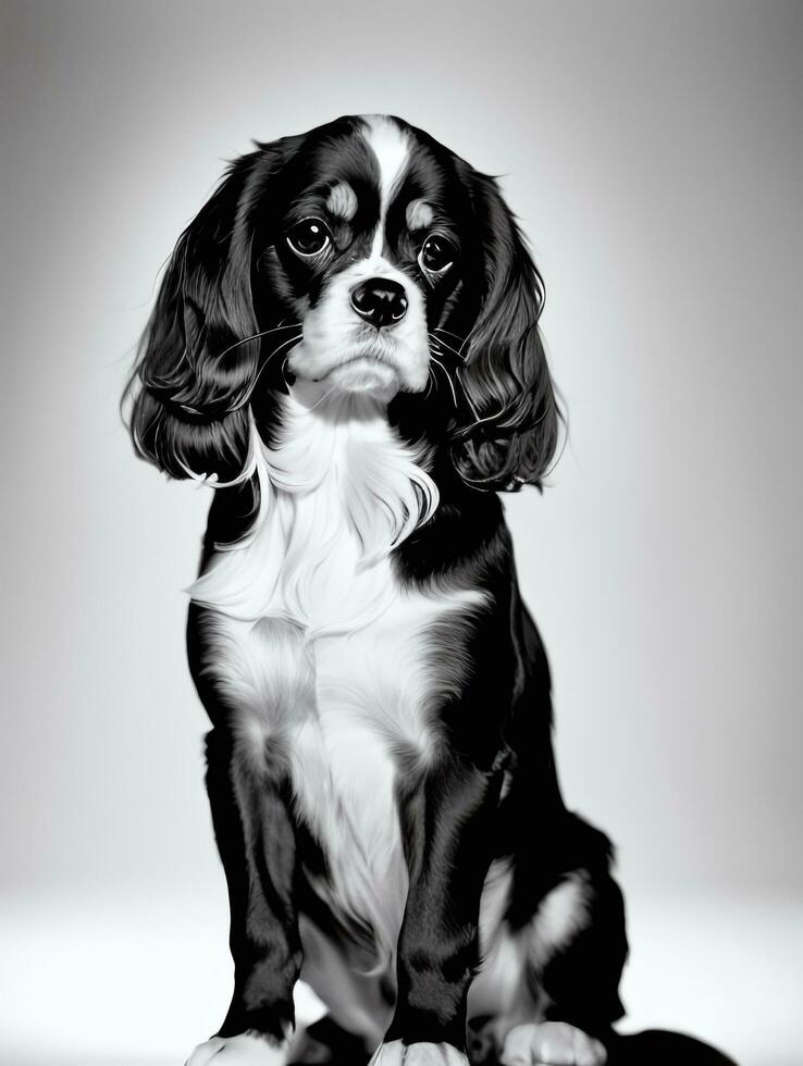 Lycklig stolt kung charles spaniel hund svart och vit svartvit Foto i studio belysning