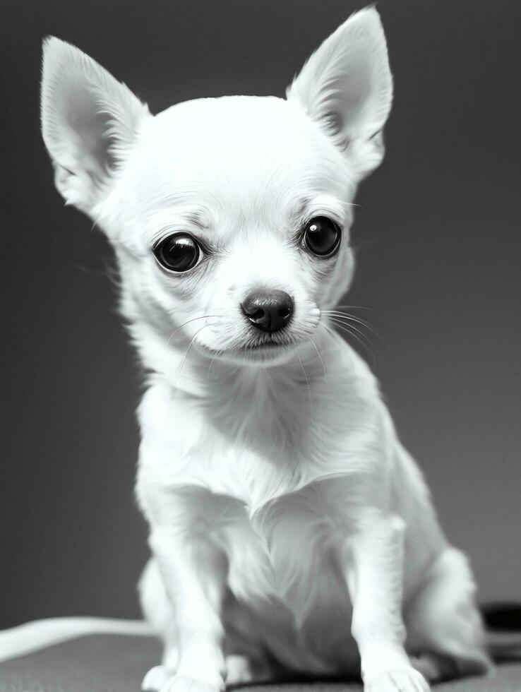 Lycklig chihuahua hund svart och vit svartvit Foto i studio belysning