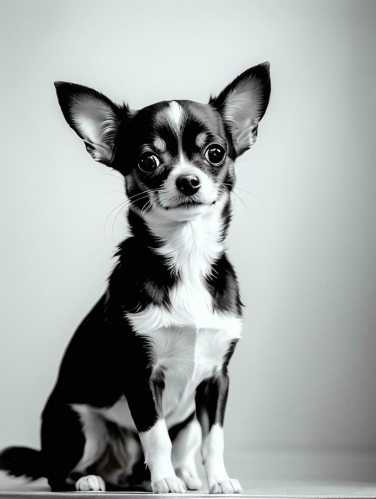 Lycklig chihuahua hund svart och vit svartvit Foto i studio belysning