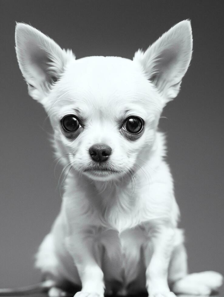 Lycklig chihuahua hund svart och vit svartvit Foto i studio belysning