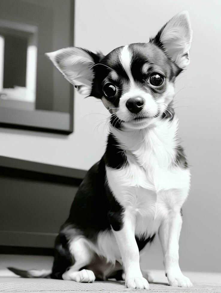 Lycklig chihuahua hund svart och vit svartvit Foto i studio belysning