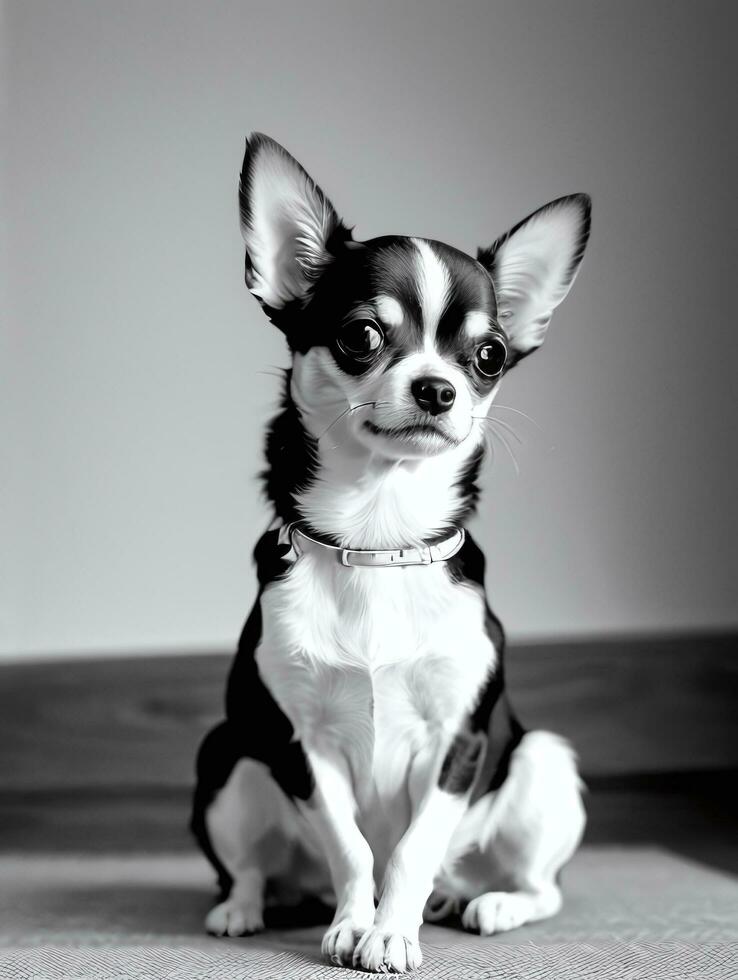 Lycklig chihuahua hund svart och vit svartvit Foto i studio belysning