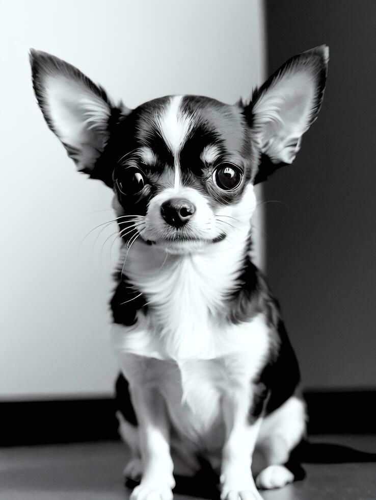 Lycklig chihuahua hund svart och vit svartvit Foto i studio belysning