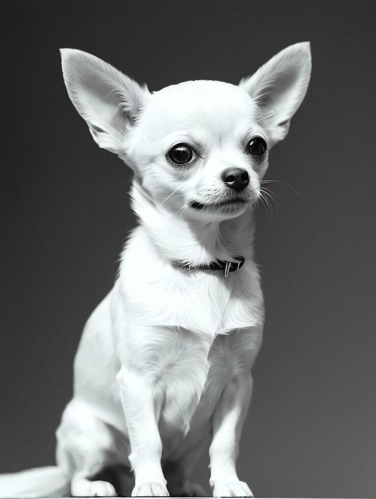 Lycklig chihuahua hund svart och vit svartvit Foto i studio belysning