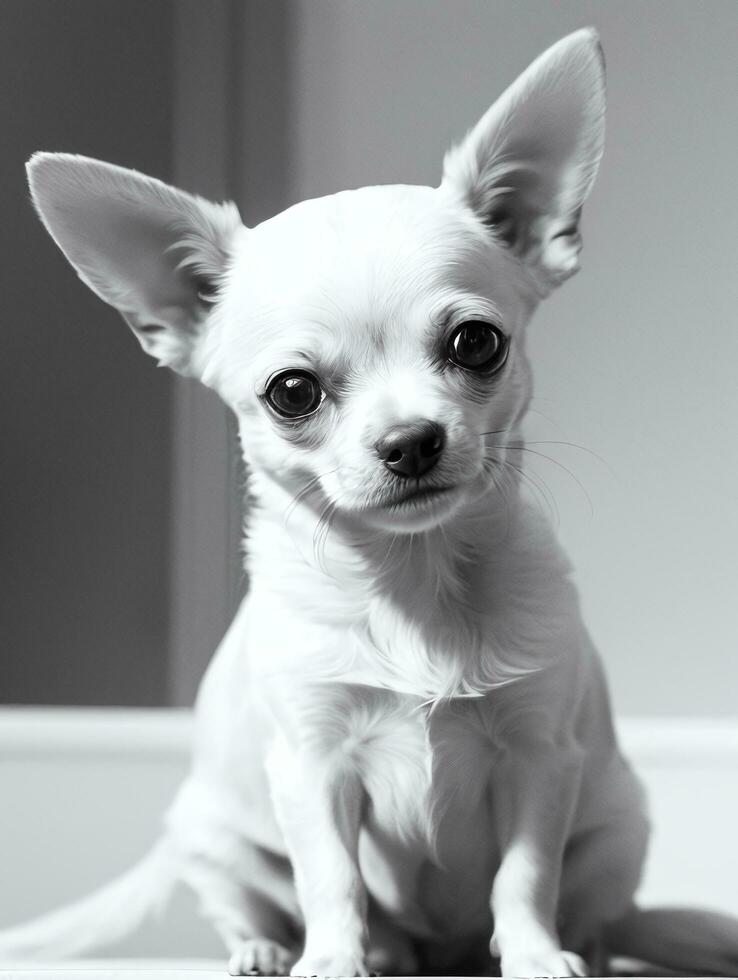 Lycklig chihuahua hund svart och vit svartvit Foto i studio belysning