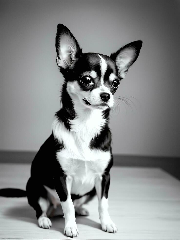 Lycklig chihuahua hund svart och vit svartvit Foto i studio belysning