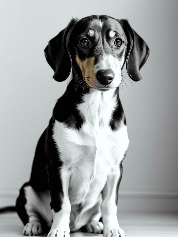 Lycklig tax hund svart och vit svartvit Foto i studio belysning