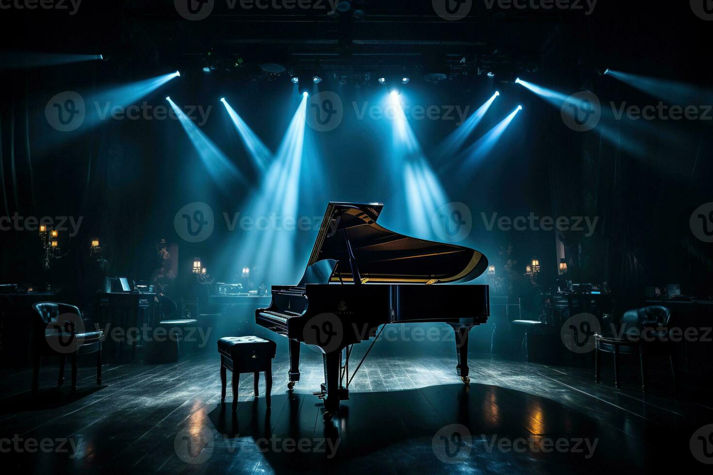 de piano är i de Centrum av de skede i de ljus av de strålkastare. musikalisk prestanda. generativ ai foto