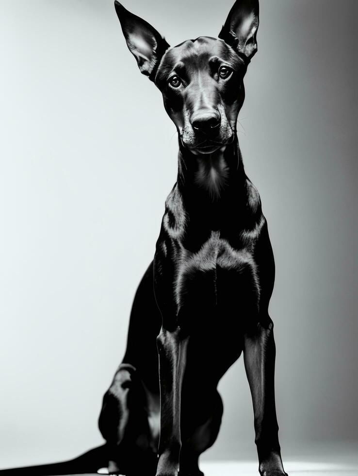 Lycklig doberman pinscher hund svart och vit svartvit Foto i studio belysning