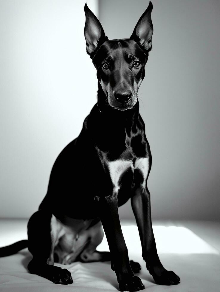 Lycklig doberman pinscher hund svart och vit svartvit Foto i studio belysning