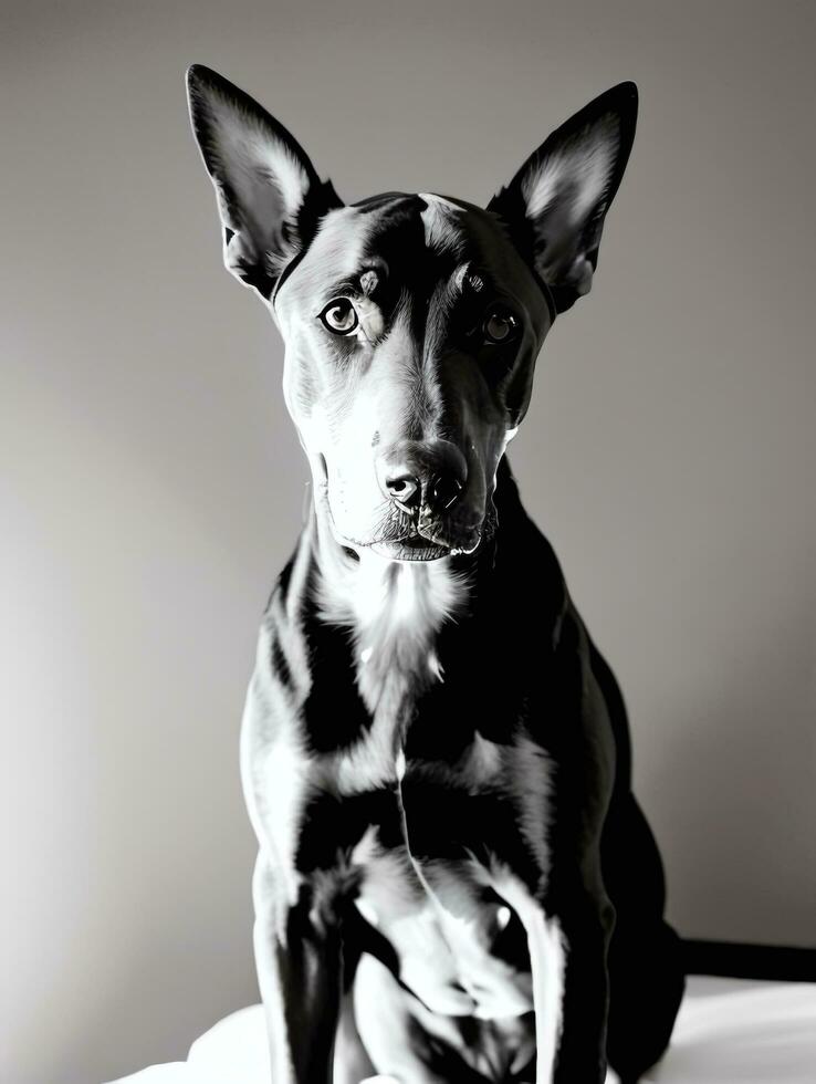 Lycklig doberman pinscher hund svart och vit svartvit Foto i studio belysning