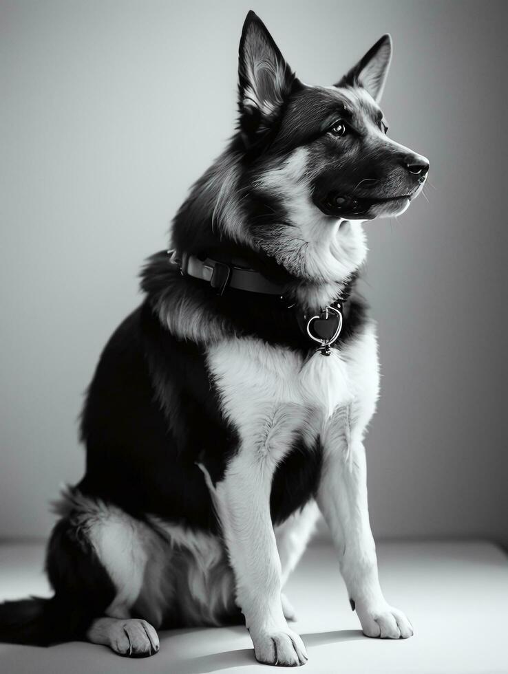 Lycklig tysk herde hund svart och vit svartvit Foto i studio belysning