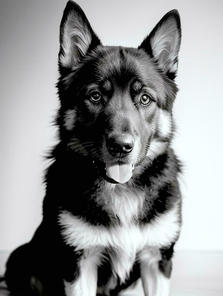 Lycklig tysk herde hund svart och vit svartvit Foto i studio belysning