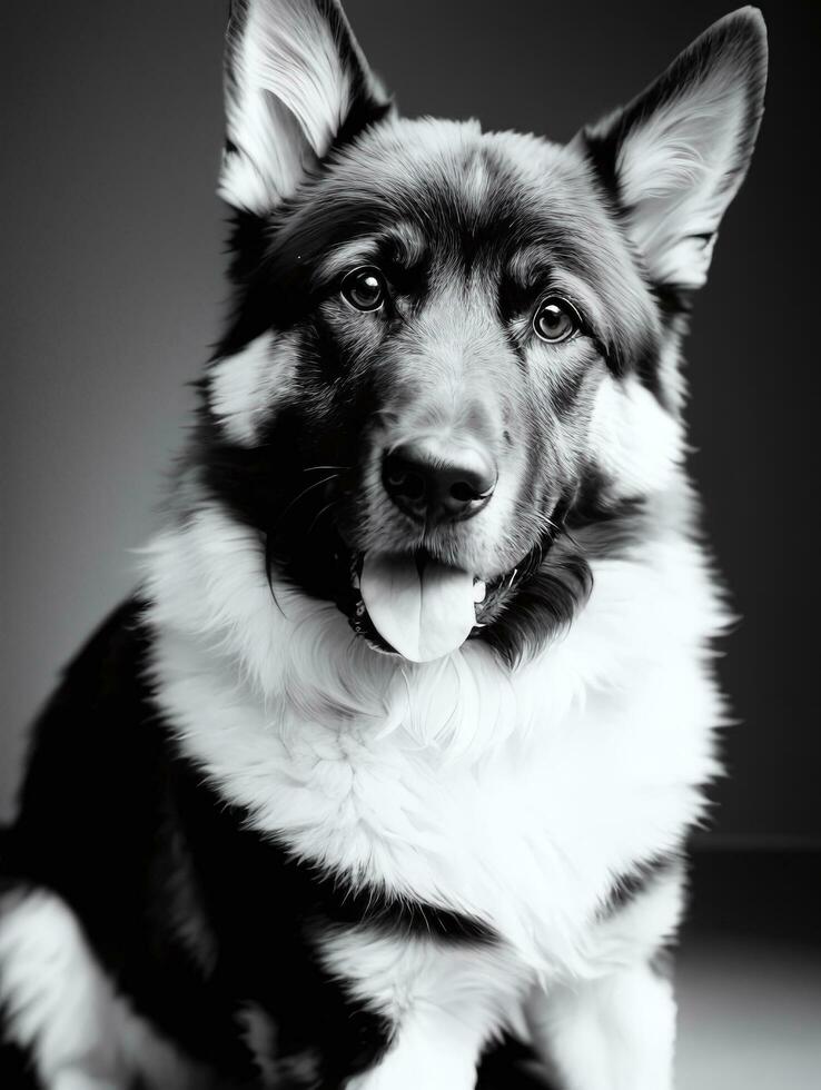 Lycklig tysk herde hund svart och vit svartvit Foto i studio belysning