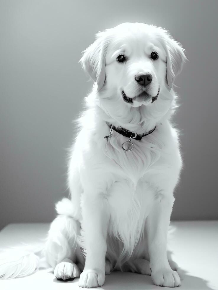 Lycklig gyllene retriever hund svart och vit svartvit Foto i studio belysning