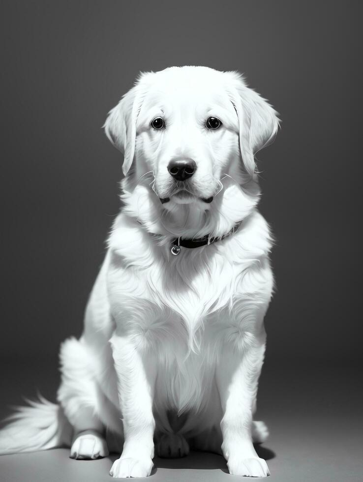 Lycklig gyllene retriever hund svart och vit svartvit Foto i studio belysning