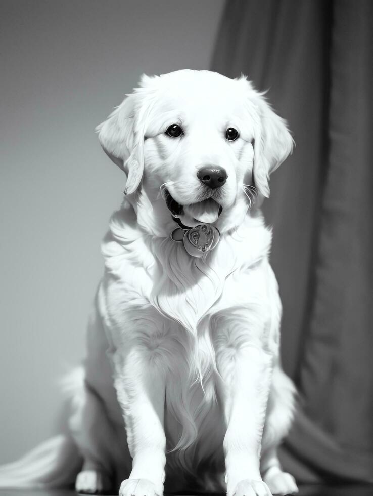 Lycklig gyllene retriever hund svart och vit svartvit Foto i studio belysning