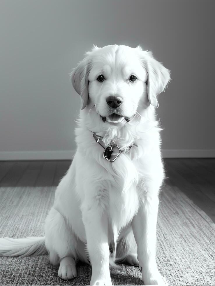 Lycklig gyllene retriever hund svart och vit svartvit Foto i studio belysning