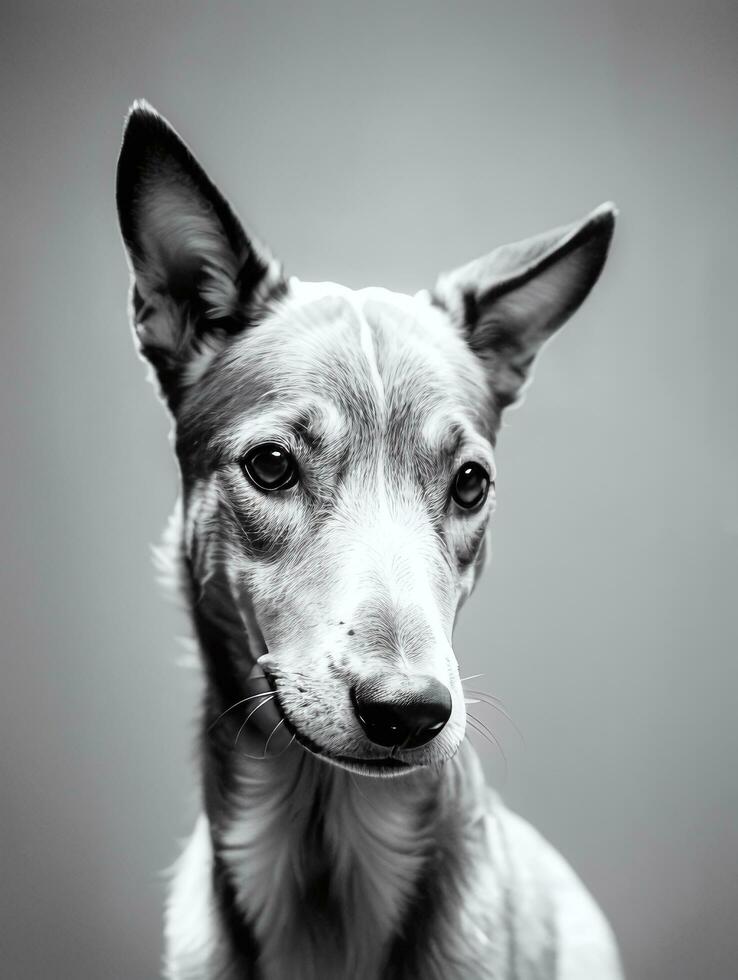 Lycklig vinthund hund svart och vit svartvit Foto i studio belysning