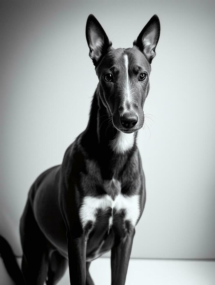 Lycklig vinthund hund svart och vit svartvit Foto i studio belysning