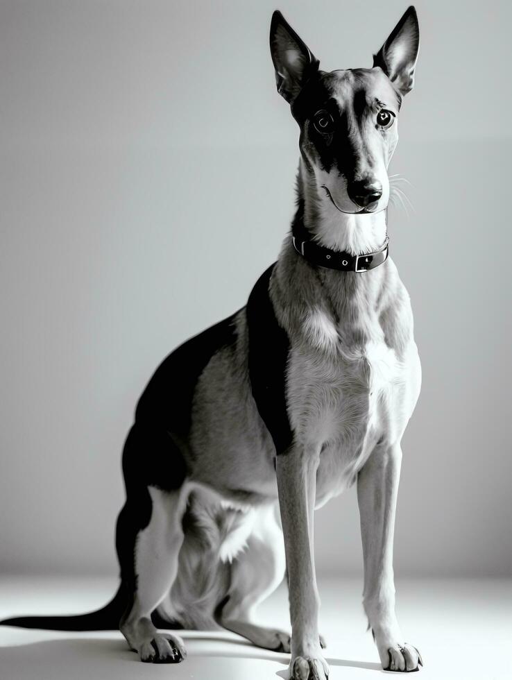 Lycklig vinthund hund svart och vit svartvit Foto i studio belysning