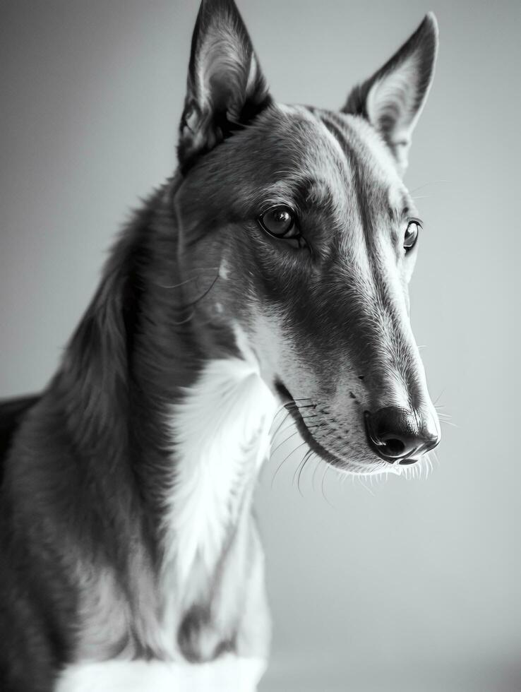 Lycklig vinthund hund svart och vit svartvit Foto i studio belysning