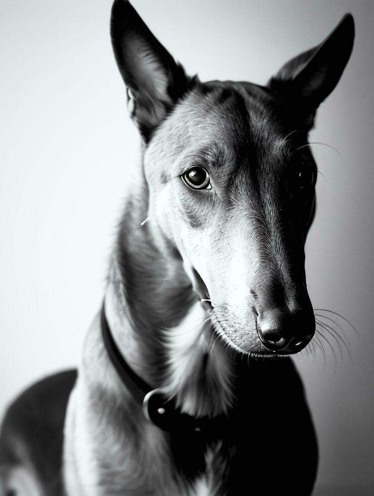 Lycklig vinthund hund svart och vit svartvit Foto i studio belysning