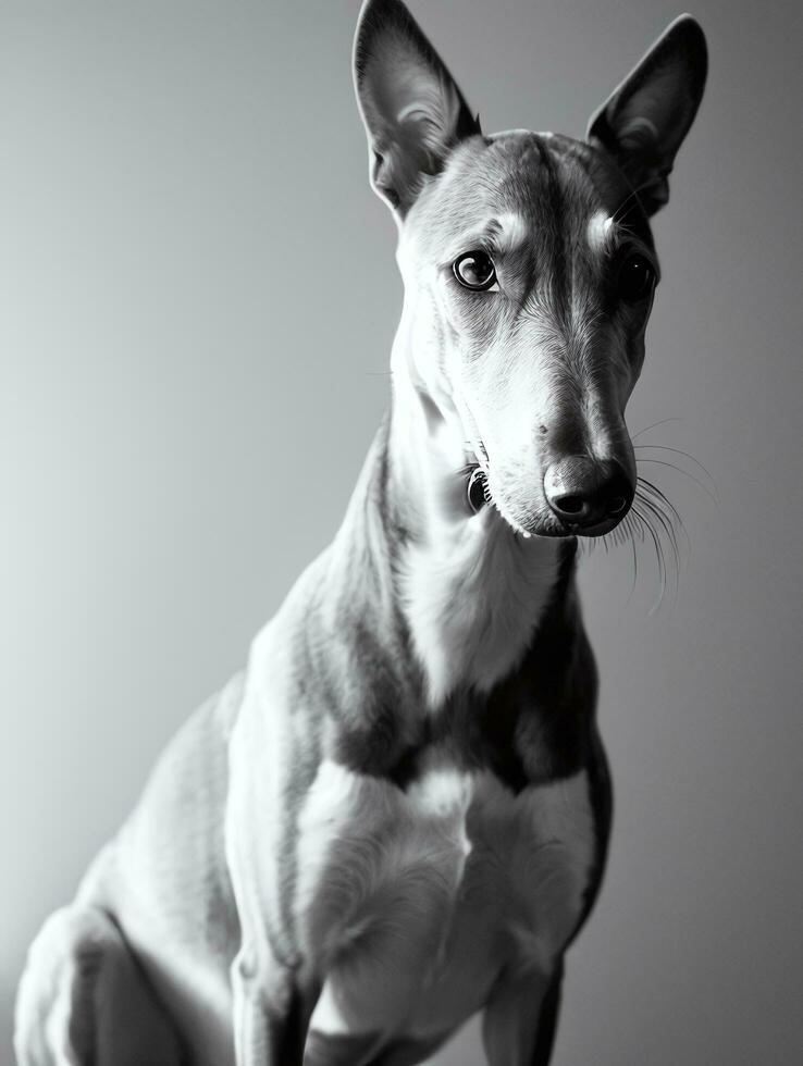 Lycklig vinthund hund svart och vit svartvit Foto i studio belysning