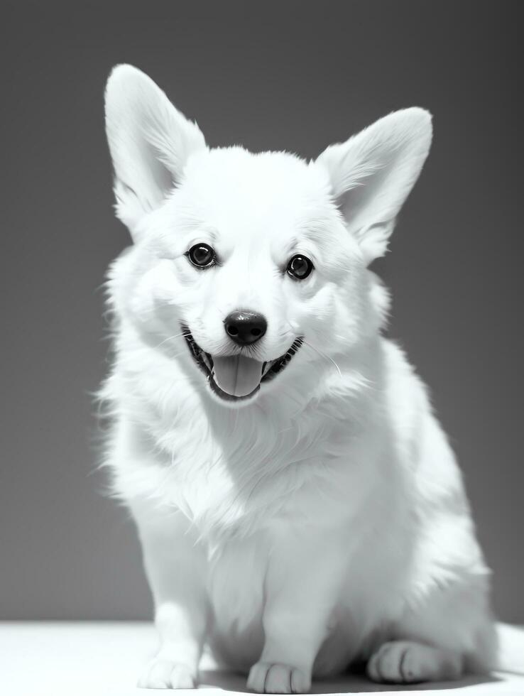 Lycklig pembroke welsh corgi hund svart och vit svartvit Foto i studio belysning